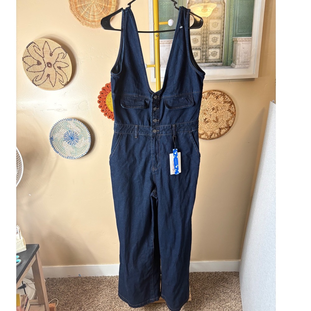 Cider Denim Dark Wash Deep V-Neck Wide Leg Button Front Jumpsuit NWT Large